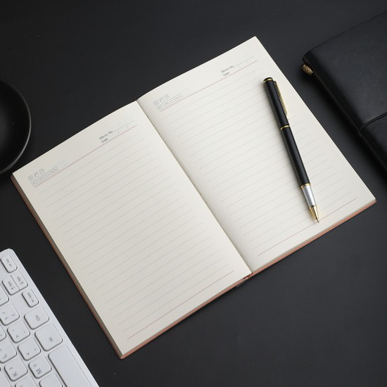Soft-covered PU leather business notebook with pen holder, imitation leather meeting notepad, logo-compatible.