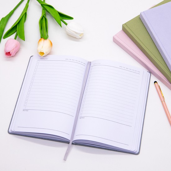 Business notebook with business card pocket on the cover, elastic pen holder, and acid-free paper with printed inner pages